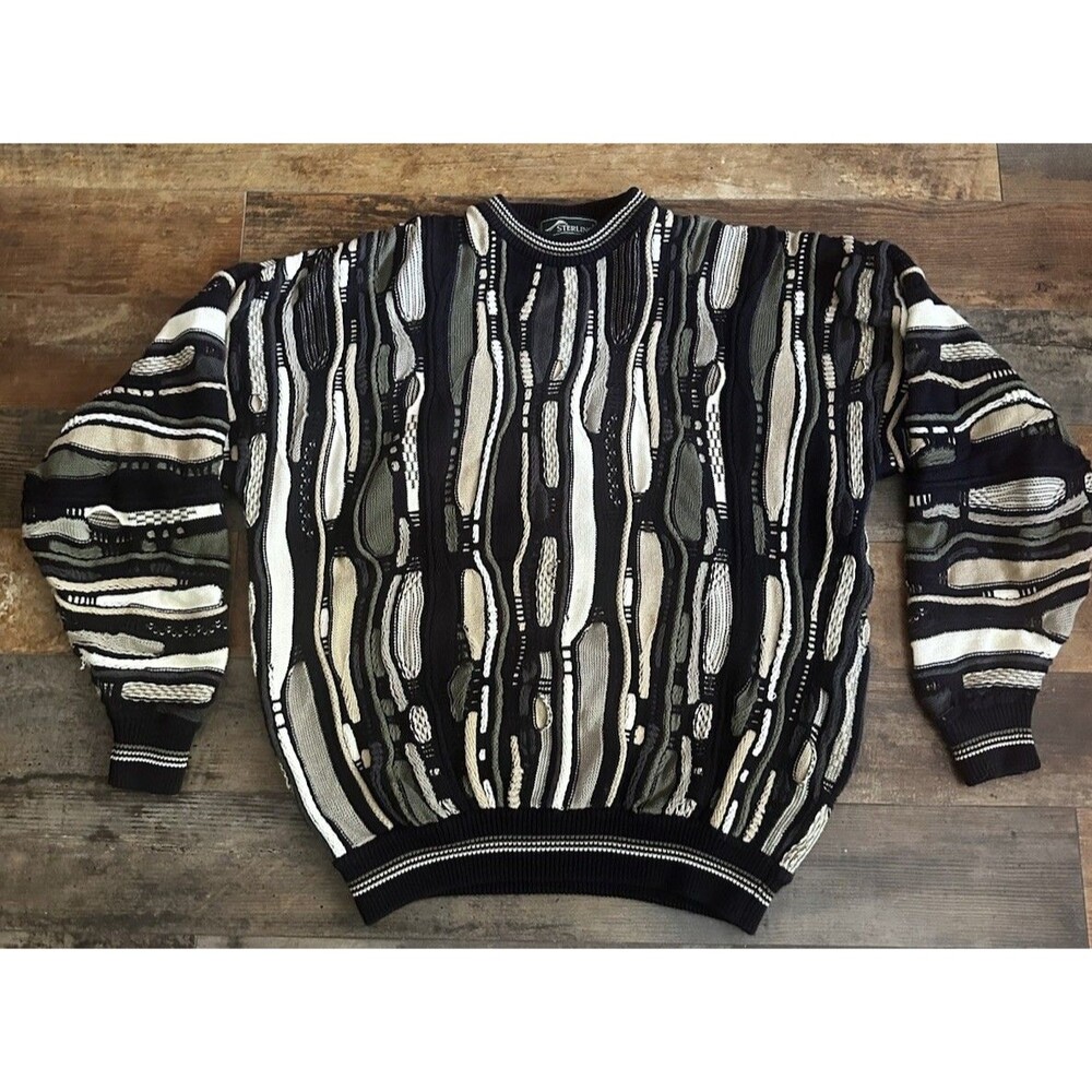 Vintage Sterling Multi Color Coogi Style Knitted Sweater Chunky Crew Neck 1990s